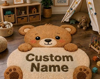 Hand Tufted Bear Name Wool Rug, Personalized Kids Area Rug, Custom Nursery Decor