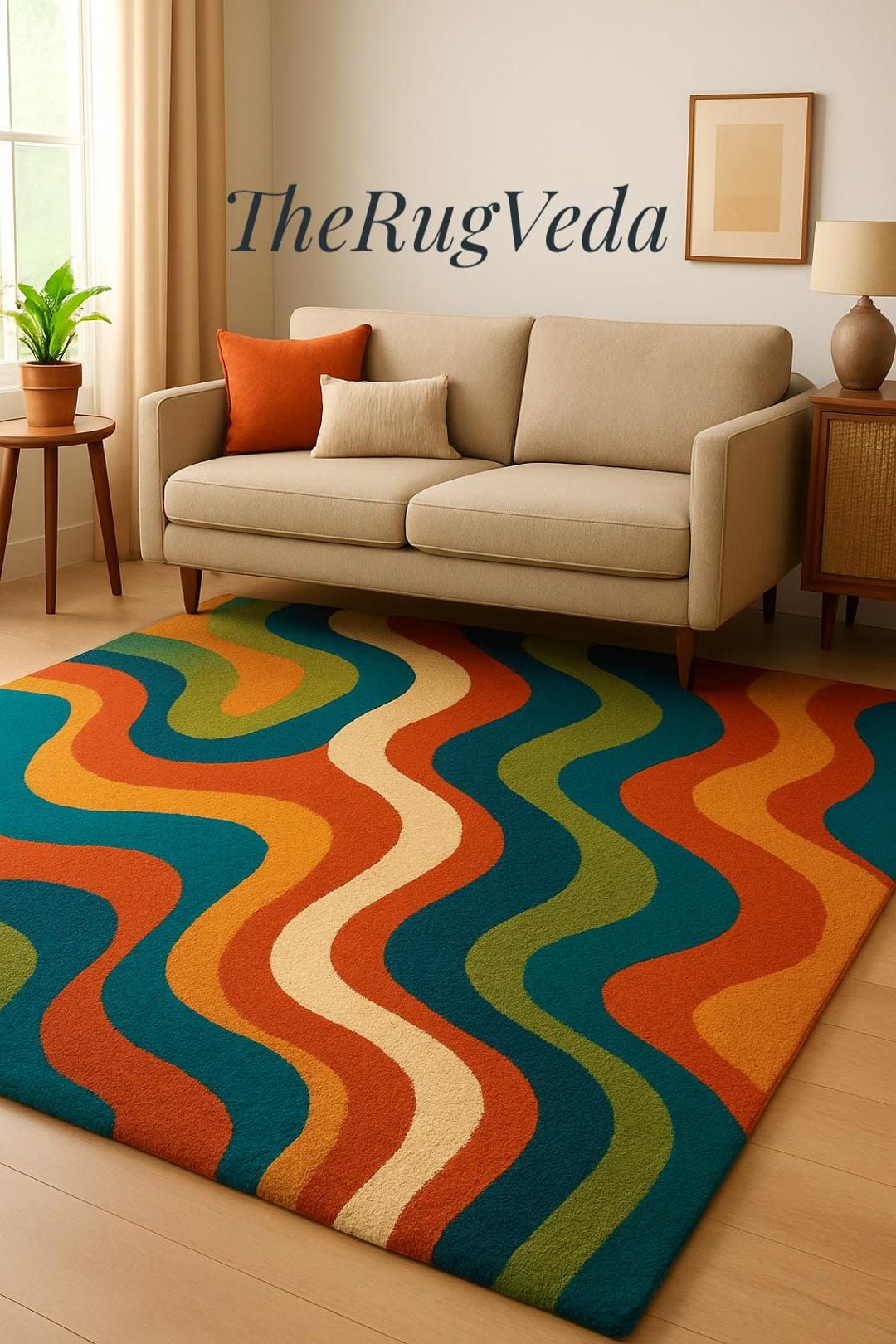 Hand Tufted Colorful Wavy Wool Rug, Vibrant Mid-century Modern Abstract ...