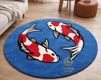 Alfombra de lana con diseño de peces / Alfombra azul tejida a mano / Decoración artística moderna para sala de estar / Alfombra para amantes de los peces