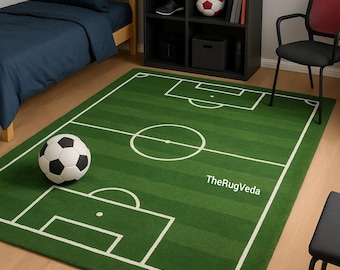 Hand Tufted Soccer Field Rug, Green Football Pitch Wool Carpet, Kids Room Decor, Boys Bedroom Playroom Rug