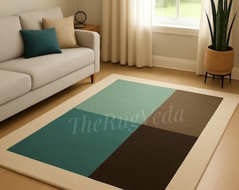 Hand-Tufted Wool Area Rug | Teal Brown Geometric Color Block (Modern Living Room Decor)