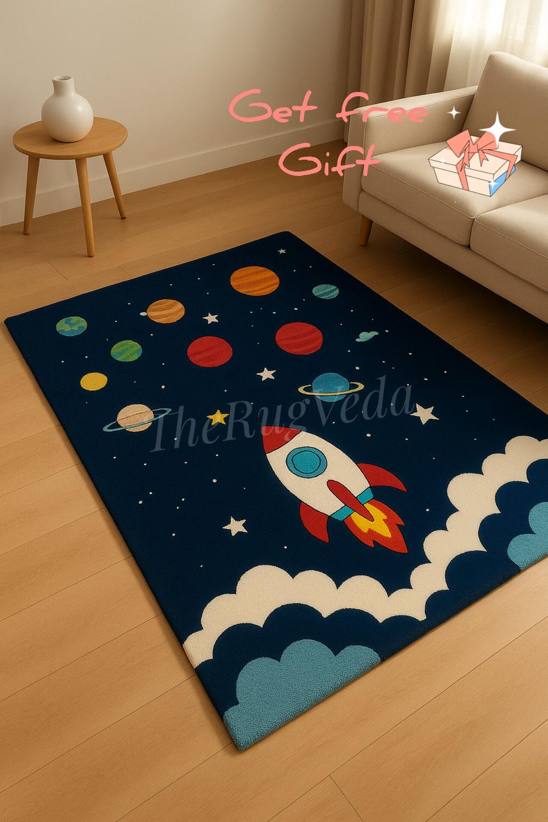 Moon Rover Play Rug Hand Tufted Space Rocket Kids Wool Rug, Colorful Galaxy Theme Nursery ...