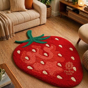 Peut inclure: Un tapis rouge en forme de fraise avec une tige verte et des graines blanches. Le tapis a une surface texturée et est posé sur un sol en bois. Le logo TheRug Veda est visible.