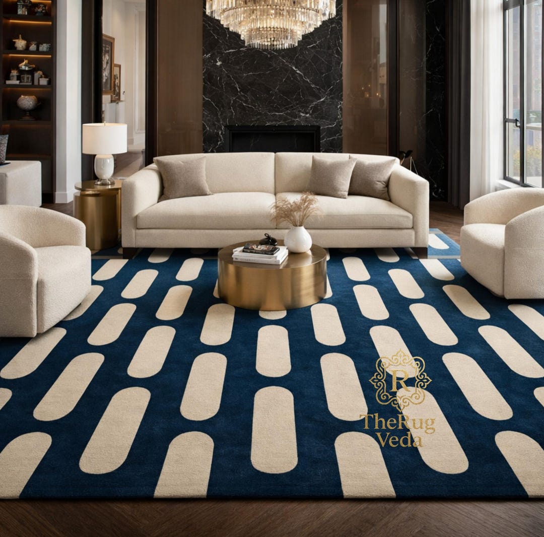 Hand Tufted Blue & Cream Geometric Rug – Modern Luxury Living Room Area ...