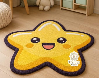 Hand Tufted Star Rug | Smiling Face Wool Area Carpet, Nursery Playroom Decor