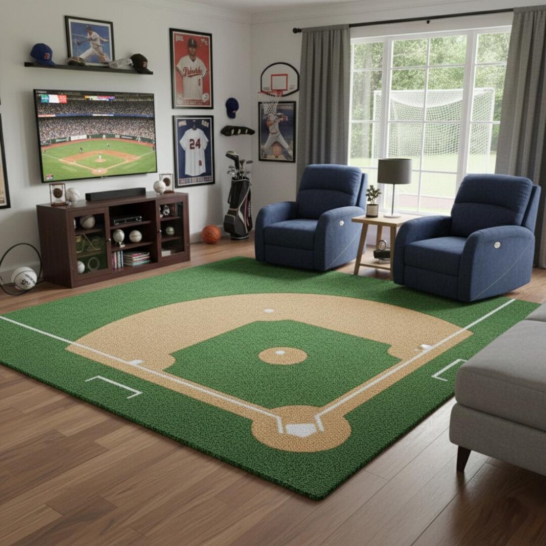 Baseball Rug Drawing Baseball Field Hand-tufted Wool Rug | Sports Theme Area Rug for Boys ...