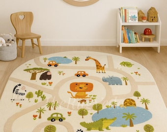 Hand Tufted Safari Animal Wool Rug | Jungle Kids Play Mat | Nursery Playroom Area Carpet