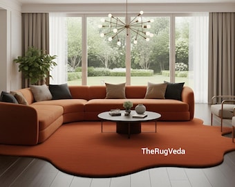 Hand Tufted Burnt Orange Wool Rug | Modern Irregular Wavy Area Rug | Contemporary Living Room Decor