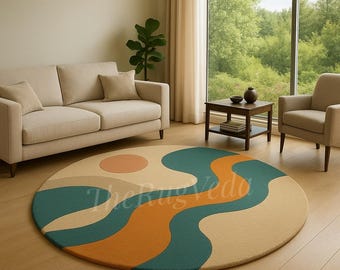 Hand Tufted Abstract Geometric Round Wool Rug, Mid-Century Modern Colorful Area Carpet for Living Room & Bedroom Decor