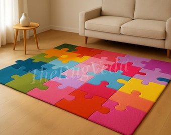 Hand Tufted Colorful Puzzle Wool Rug | Geometric Area Rug | Kids Playroom & Nursery Decor