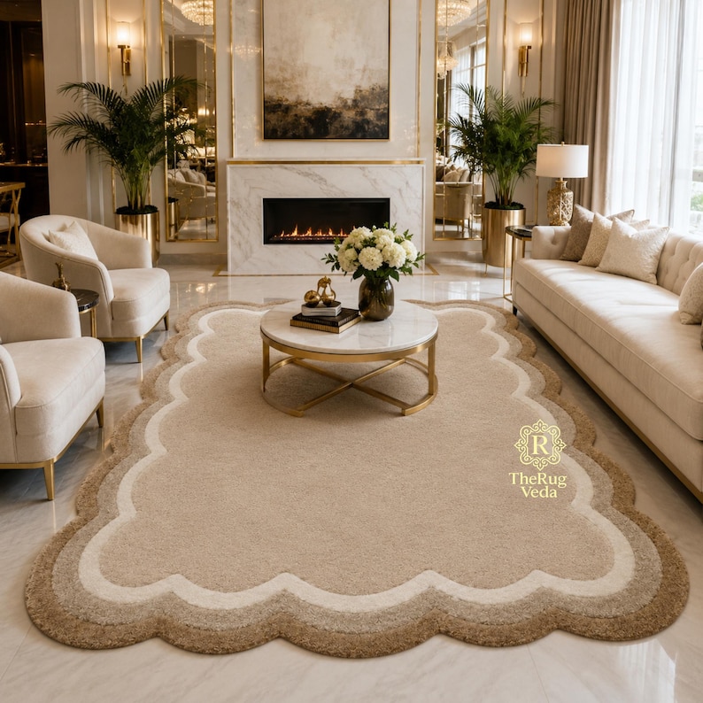 Hand Tufted Beige Scalloped Wool Rug, Luxury Neutral Area Rug, Modern ...