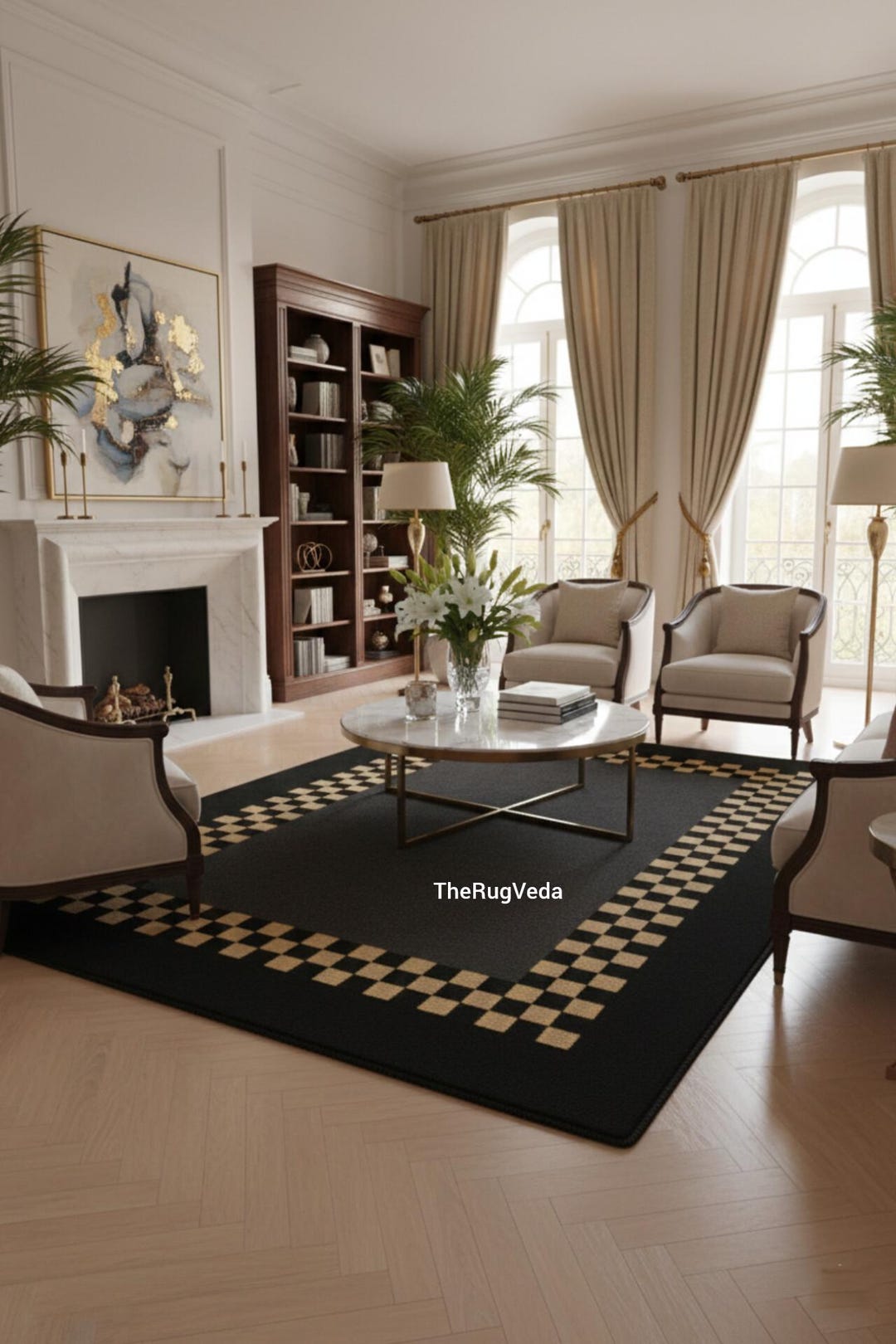 Hand Tufted Wool Rug With Checker Border – Modern Checkered Area Carpet ...