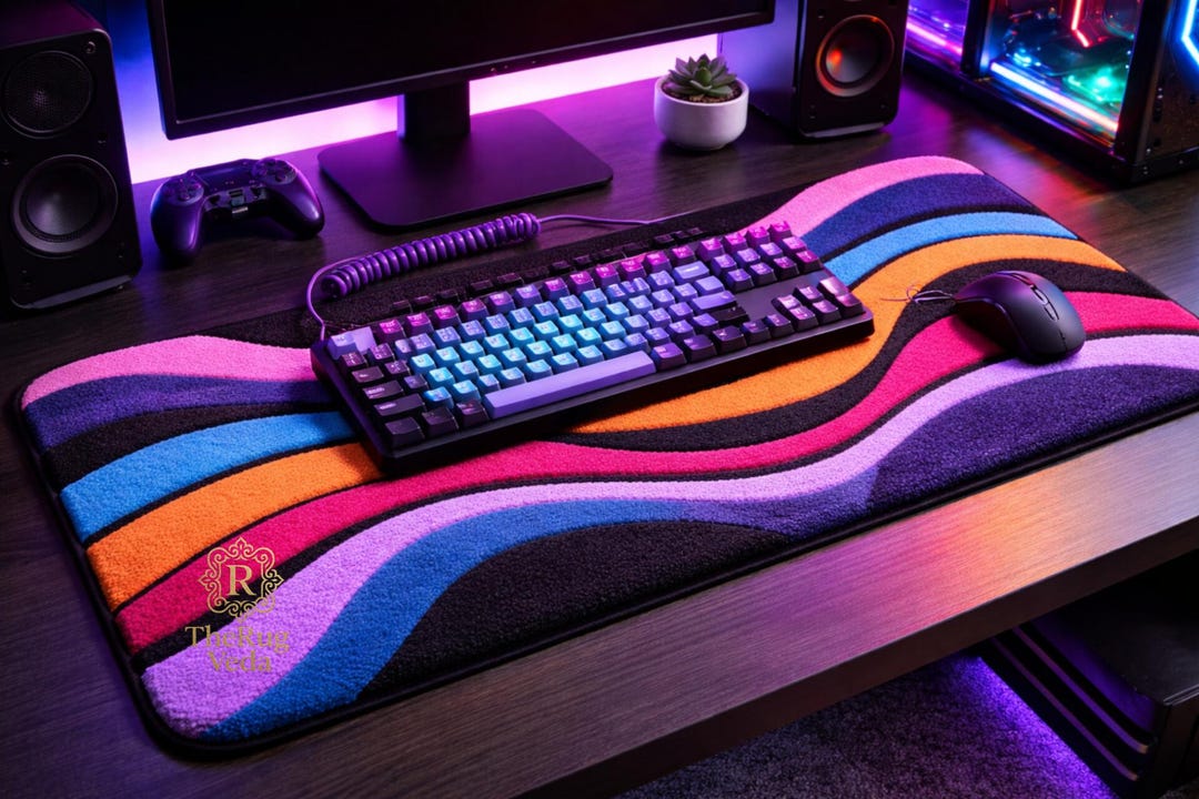 Desk Rug Pattern Abstract Wave Desk Rug | Hand Tufted 100% Wool Desk Mat | Modern Gaming ...