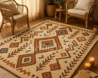Hand Tufted Boho Tribal Wool Rug – Geometric Southwestern Area Rug for Living Room & Bedroom Decor