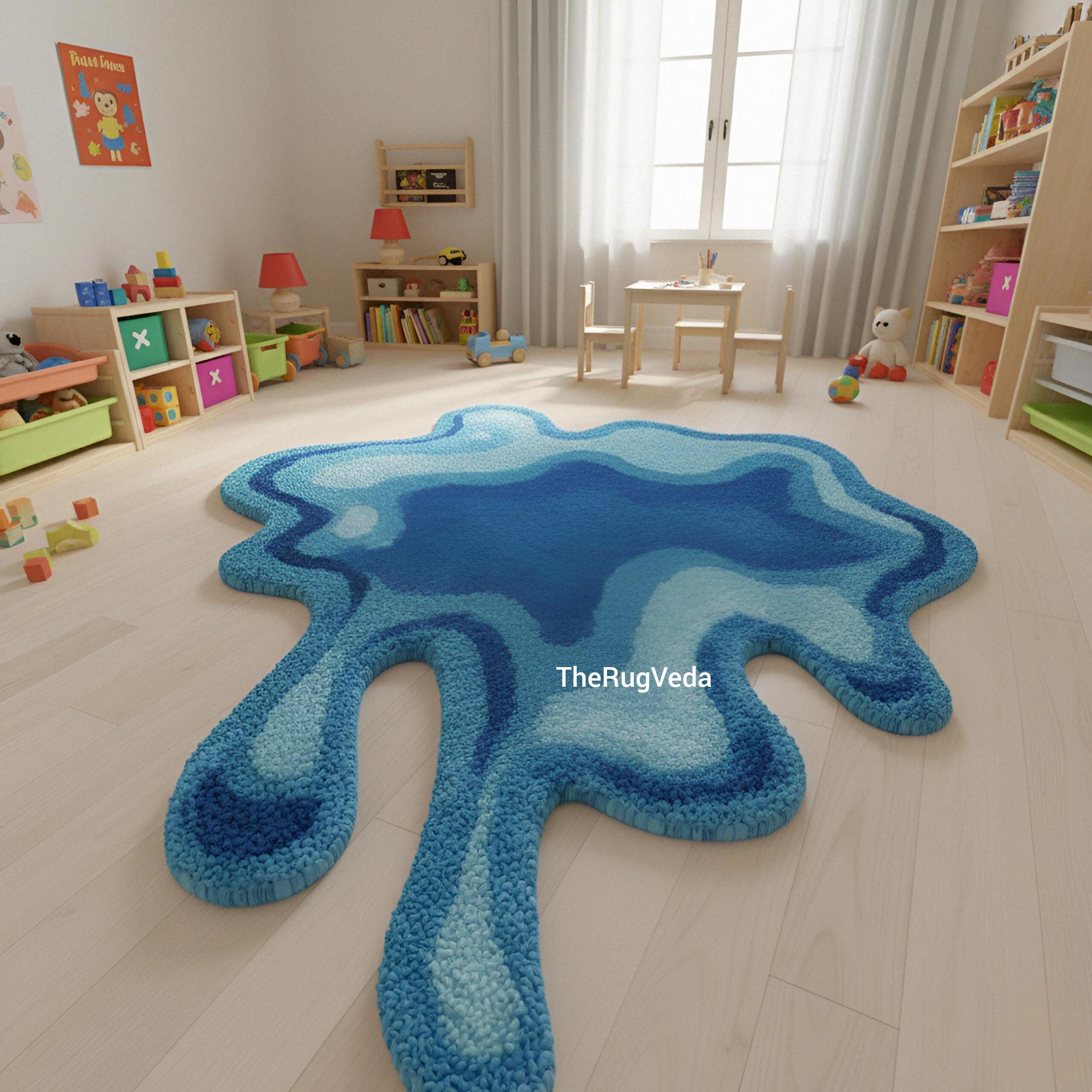 Toom Rug Drip Hand Tufted Blue Slime Kids Rug, 3D Drip & Splash Wavy Area Carpet for ...