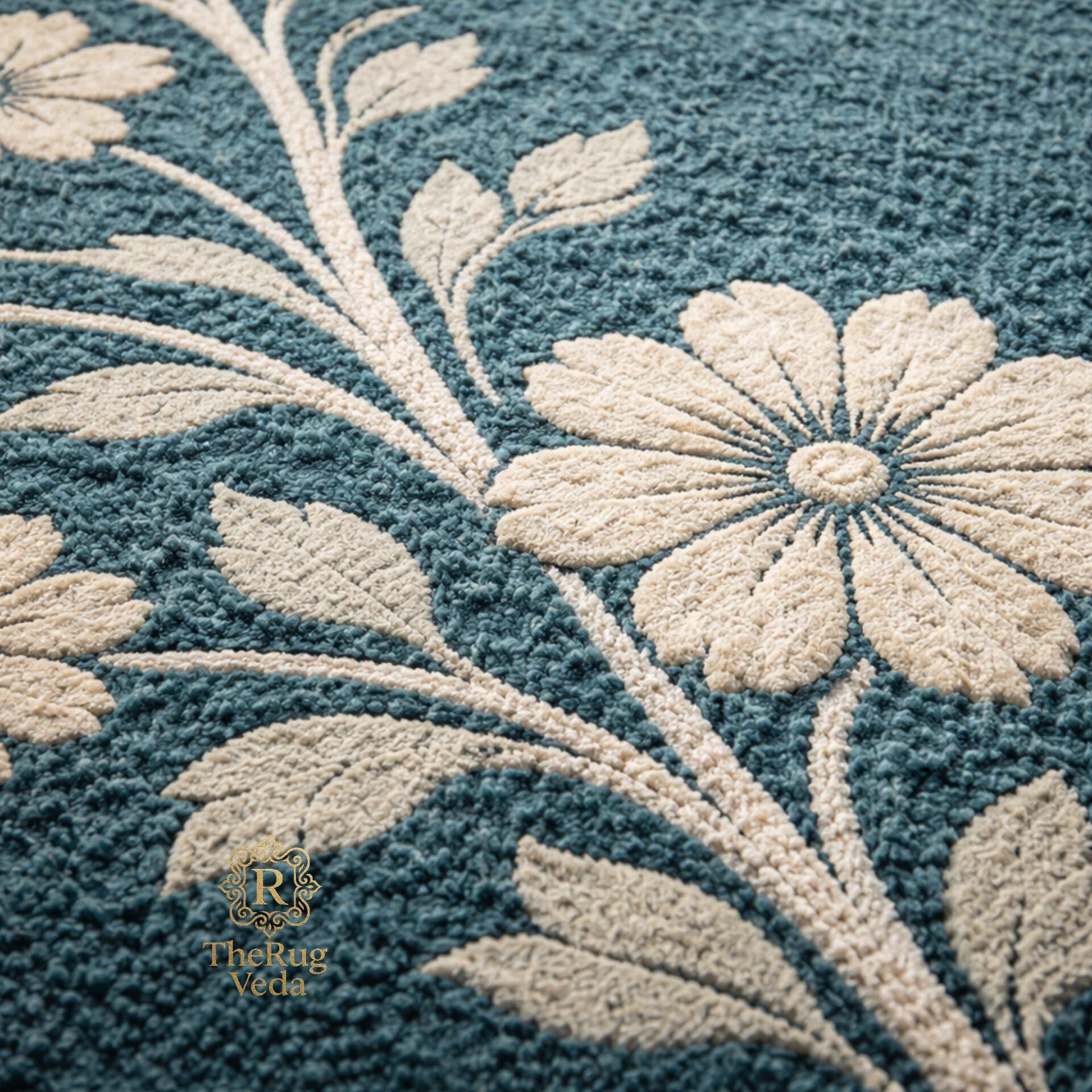 Hand Tufted Floral Wool Rug – Teal Blue Botanical Area Carpet for ...