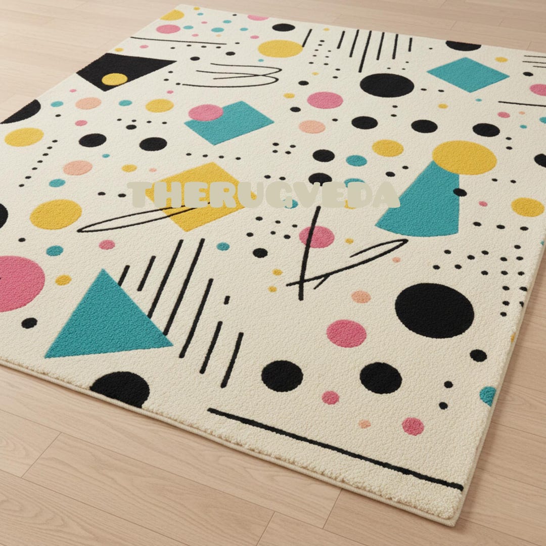 Hand Tufted Retro Geometric Wool Rug, 80s Memphis Style Teal, Yellow ...