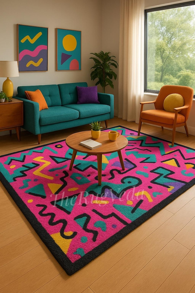 Hand Tufted Memphis Style Wool Rug | Retro Geometric Area Rug | 80s ...