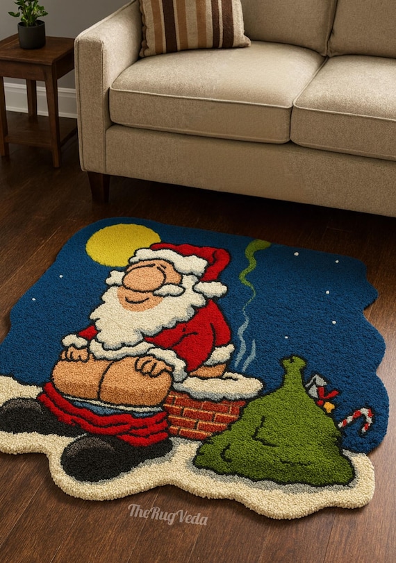 Hand Tufted Santa Wool Rug, Christmas Handmade Festive Area Carpet