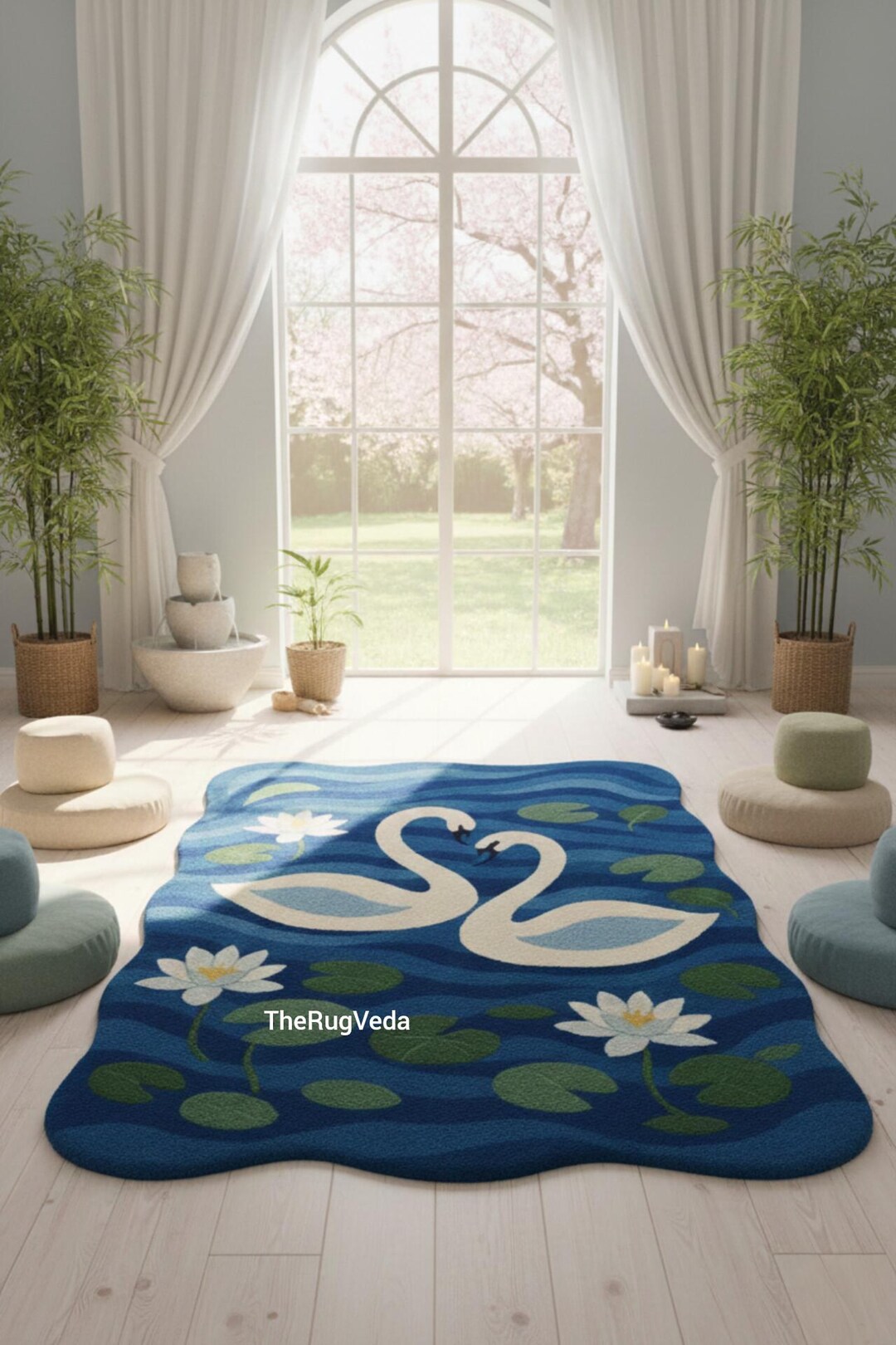 Handmade Scalloped Swan Wool Rug, Blue Water Lily Art Area Carpet for ...
