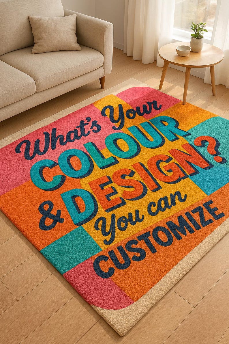 Op de afbeelding: Een rechthoekig vloerkleed met een kleurrijk patchwork-ontwerp in roze, oranje, turquoise en geel. De tekst "What's Your COLOUR & DESIGN? You can CUSTOMIZE" staat in een speels lettertype.