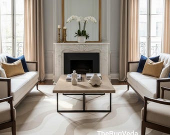 Hand-Tufted Wool Rug – Neutral Wavy Pattern, Custom Size