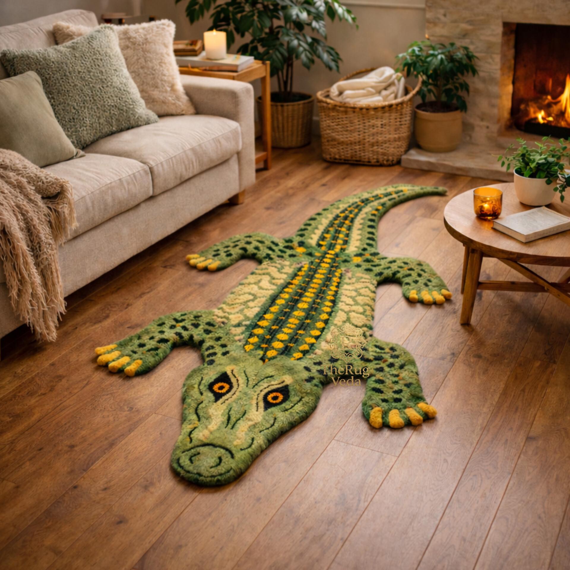 Hand Tufted Crocodile Wool Rug, Alligator Animal Area Rug, Kids
