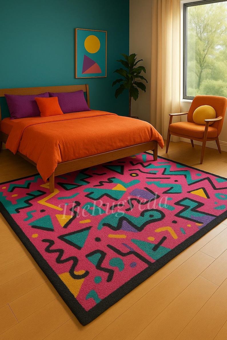 Hand Tufted Memphis Style Wool Rug | Retro Geometric Area Rug | 80s ...