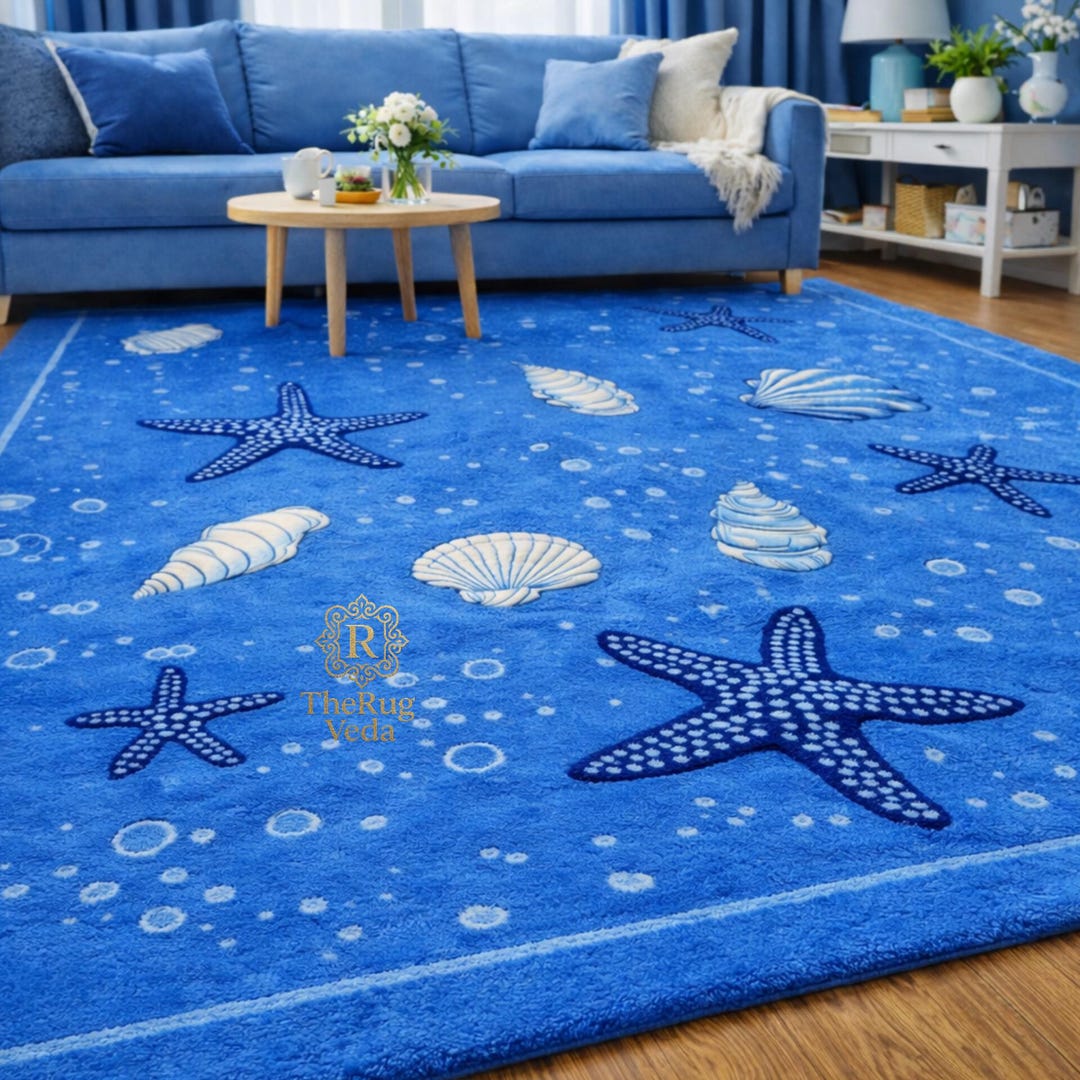 Ocean Look Rug Blue Ocean Starfish Rug, Coastal Beach Theme Area Rug, Hand Tufted Sea ...