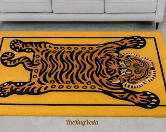 Handtuftad tibetansk tigerullmatta | Djärv handgjord djurmatta | Lyxig meditations- och vardagsrumsmatta