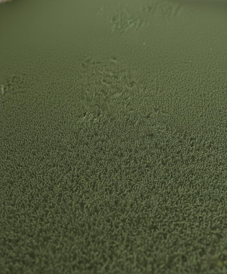 May include: Close-up of a textured, olive green surface. The surface has a dense, slightly raised pattern, resembling a field of tiny, closely packed fibers. The color is a muted, earthy green.