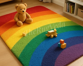 Hand Tufted Rainbow Kids Play Wool Rug | Soft Nursery Area Rug | Colorful Playroom Bedroom Carpet Decor