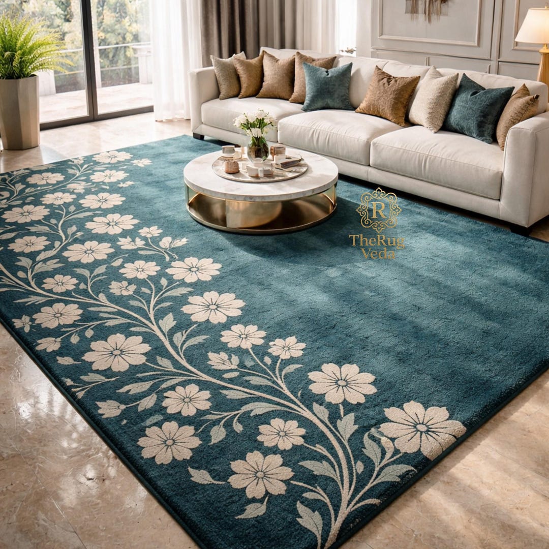Hand Tufted Floral Wool Rug – Teal Blue Botanical Area Carpet for ...