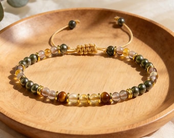 Pulsera de cristal de prosperidad, pulsera de cuarzo ahumado, citrino y pirita, ojo de tigre, joyería ajustable para protección y abundancia.