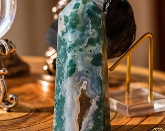 モスアゲートタワーポイント、天然宝石オベリスクワンド、鉱物標本