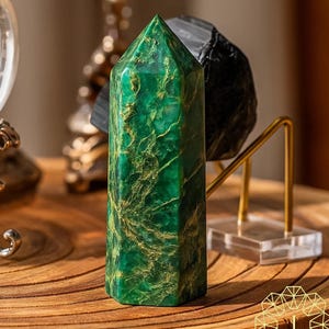 May include: A tall, green crystal point with gold veining stands on a wooden surface. The polished stone has a hexagonal base and a pointed top. Other decorative objects are in the background, including a black stone and a glass sphere.