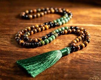 Grounding Mala Necklace - 8mm Tiger Eye, African Turquoise & Obsidian - Tassel Meditation Beads - Protection Jewelry