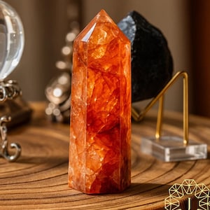 Op de afbeelding: Een hoge, oranje kristallen obelisk met een facetgeslepen top. Het kristal heeft een ruw, getextureerd oppervlak en staat op een houten oppervlak. Op de achtergrond staan ​​andere decoratieve objecten, waaronder een heldere glazen bol en een zwarte steen.