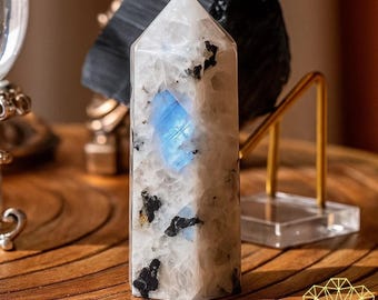 Punta de torre de piedra lunar arcoíris, varita de obelisco de piedra lunar natural, espécimen mineral de cristal pulido, gema del chakra de la garganta, decoración del hogar