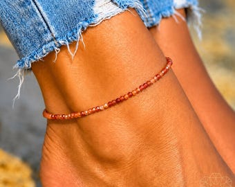 Minimalist Carnelian Anklet, 2mm Dainty Beaded Anklet, AAA Grade Gemstone Jewelry, Healing Birthstone Gift