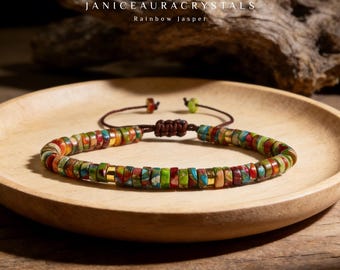 Rainbow Jasper Stone Bracelet - Natural Gemstone Adjustable Bracelet - Boho Crystal Healing Chakra Jewelry