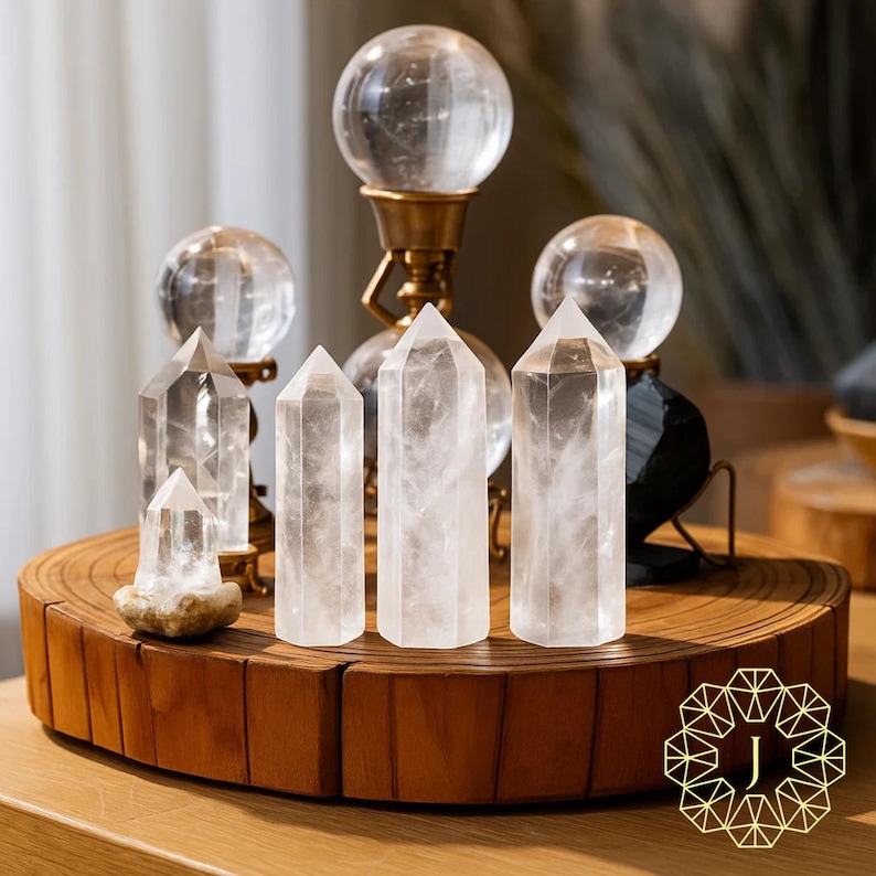 May include: A collection of clear quartz crystal points and spheres. The crystals are arranged on a wooden stand, with some mounted on brass stands. The quartz points are of varying heights, and the spheres are of different sizes. The display showcases natural gemstones.