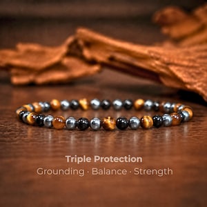 Triple Protection Bracelet - 4mm Dainty Stacking Bracelet - Grounding Energy Crystal Gift for her