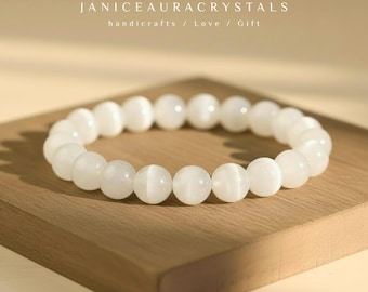 Bracelet sélénite transparent - 8 mm de pierres précieuses naturelles, perles rondes, bijoux extensibles faits main, cadeau pour elle