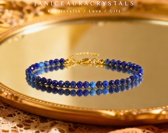 Lapis Lazuli Bracelet, 3mm Natural Gemstone Dainty Minimalist Jewelry - Stone of Wisdom, Healing Crystal Bracelet, Christmas Gift for Her