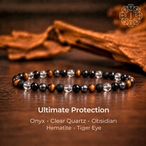 May include: A beaded bracelet featuring alternating round beads of black onyx, clear quartz, obsidian, hematite, and tiger eye. The text Ultimate Protection, Onyx, Clear Quartz, Obsidian, Hematite, and Tiger Eye is printed below the bracelet.