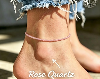 Tobillera delicada de cuarzo rosa, cadena para el pie con pequeñas cuentas de cristal rosa de 2 mm, tobillera minimalista estilo bohemio.