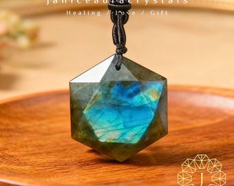 Labradorite Hexagram Pendant, Natural Gray Gemstone Crystal Charm Necklace, Crown Chakra, Stone Amulet Gift to Her, gift for him
