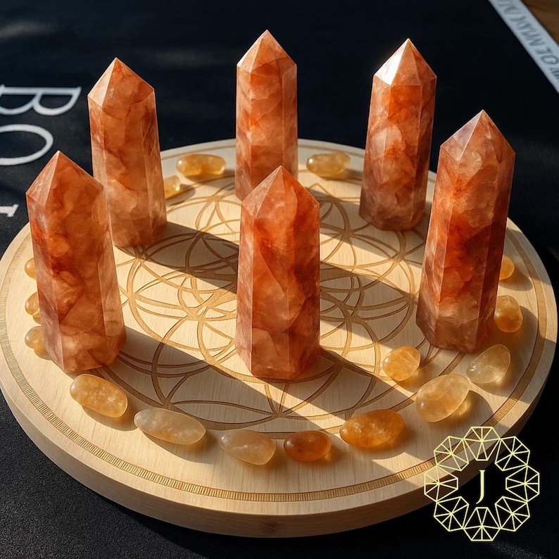 May include: Six orange-red crystal towers and several smaller tumbled stones are arranged on a wooden, circular base with a geometric design. The crystals have a translucent appearance, and the base is light brown.