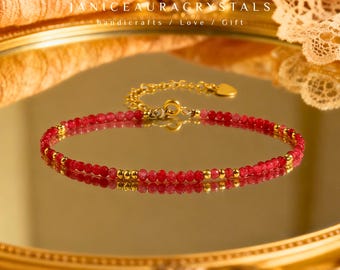 Dainty Ruby Healing Bracelet - 2MM Natural Gemstone Crystal Minimalist Jewelry for Women, July Birthstone Gift for Her